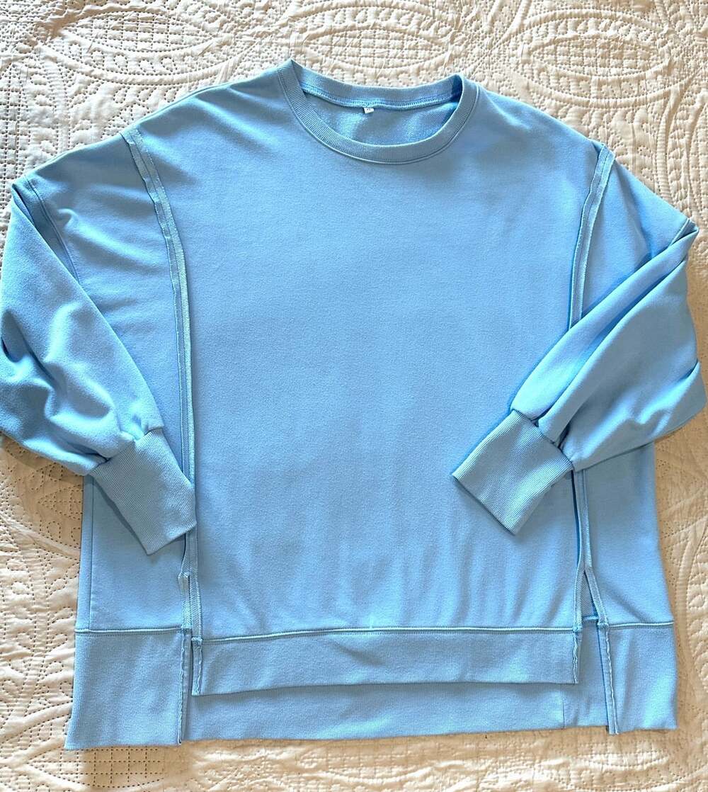 Sweatshirt Light Blue Raw Edge Side Slit Crewneck XL